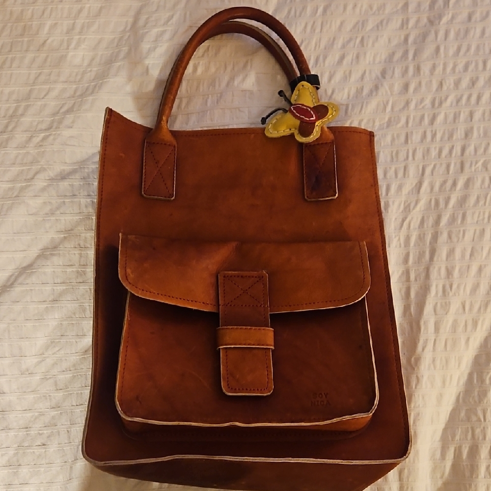 Stiff Brown Leather Tote Bag Made In Mexico